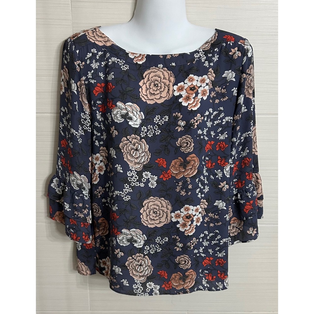 Loft Floral Blouse Top Blue Pink Ruffle Sleeve S, Office Casual Feminine